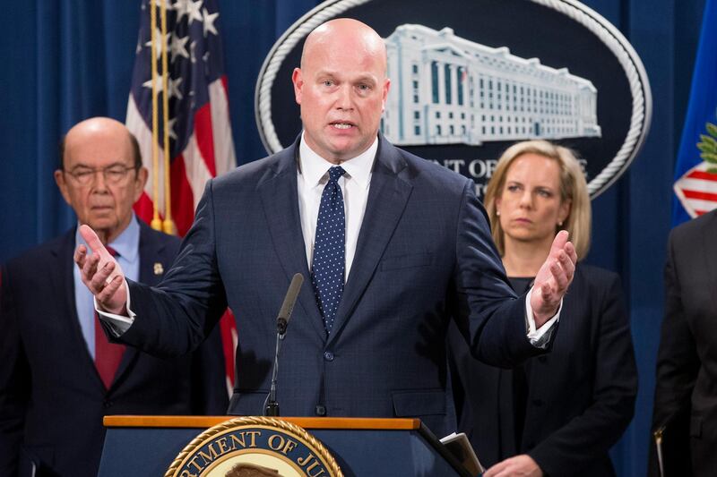 epa07328404 Acting Attorney General Matthew Whitaker (C) speaks beside US Secretary of Commerce Wilbur Ross (L) and US Secretary of Homeland Security Kirstjen Nielsen (R) during a news conference held to announce law enforcement action related to Huawei Technologies Co. Ltd. of China, at the Justice Department in Washington, DC, USA, 28 January 2019. Officials from the US Justice Department, US Department of Homeland Security and US Commerce Department attended the news conference to announce criminal charges related to Chinese telecommunications conglomerate Huawei. US authorities announced a thirteen-count indictment charging four defendants; Huawei, two Huawei affiliates and Huawei's chief financial officer Meng Wanzhou.  EPA/MICHAEL REYNOLDS