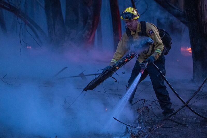 A firefighter douses a burning log near Aromas, California.  AP