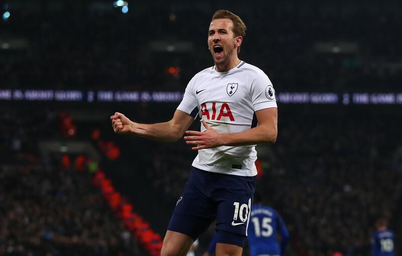 epa06436498 Tottenham Hotspur's Harry Kane celebrates scoring his teams third goal during the English Premier League soccer match between Tottenham Hotspur and Everton at Wembley Stadium, London, Britain, 13 January 2018.  EPA/NEIL HALL EDITORIAL USE ONLY. No use with unauthorized audio, video, data, fixture lists, club/league logos or 'live' services. Online in-match use limited to 75 images, no video emulation. No use in betting, games or single club/league/player publications