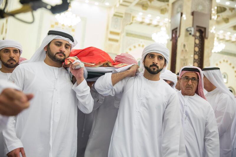 DUBAI, UNITED ARAB EMIRATES - September 19, 2015: HH Sheikh Hamdan bin Mohamed Al Maktoum, Crown Prince of Dubai (R) and HH Sheikh Maktoum bin Mohamed bin Rashed Al Maktoum (L) attend the funeral prayers for the late Sheikh Rashid bin Mohammed bin Rashid Al Maktoum, at Za'beel Mosque.

( Mohamed Al Hammadi / Crown Prince Court - Abu Dhabi )
--- *** Local Caption ***  20150919MH_C099882.jpg