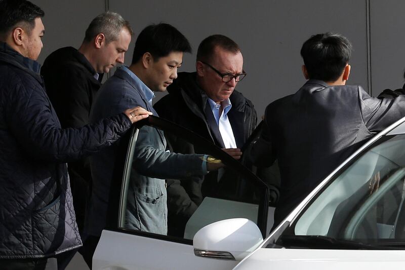 United Nations political affairs chief Jeffrey Feltman (2nd R) arrives at Beijing airport after his return from North Korea in Beijing, China, December 9, 2017. REUTERS/Thomas Peter