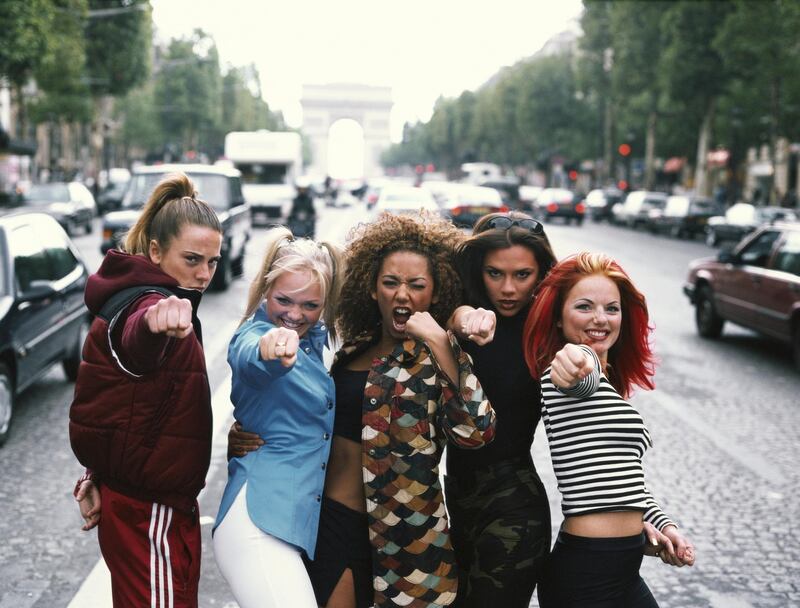 English pop group The Spice Girls, Paris, September 1996. Left to right: Melanie Chisholm, Emma Bunton, Melanie Brown, Victoria Beckham and Geri Halliwell aka Sporty, Baby, Scary, Posh and Ginger Spice. (Photo by Tim Roney/Getty Images) 