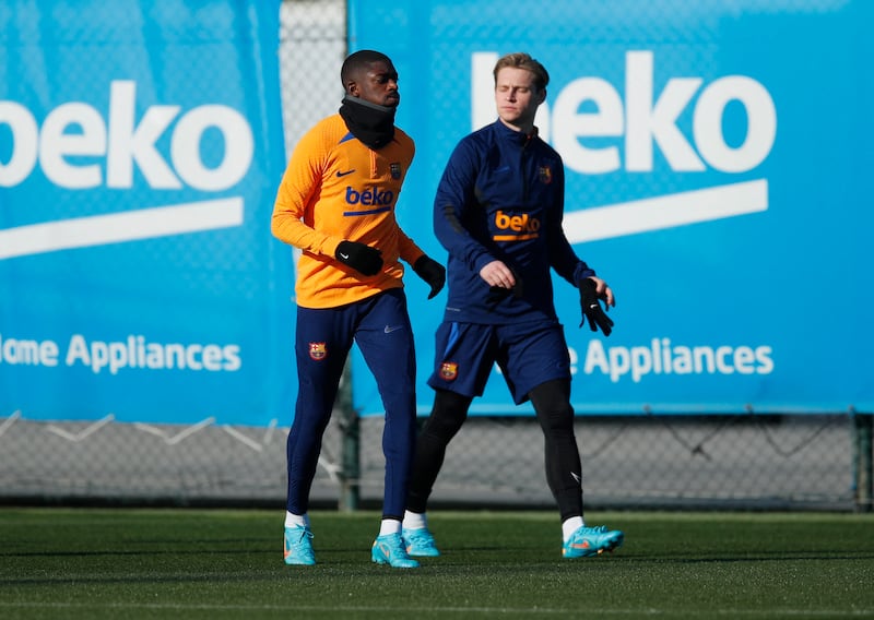 Ousmane Dembele and Frenkie de Jong during Barcelona's training session on Saturday, January 22, 2022. Reuters