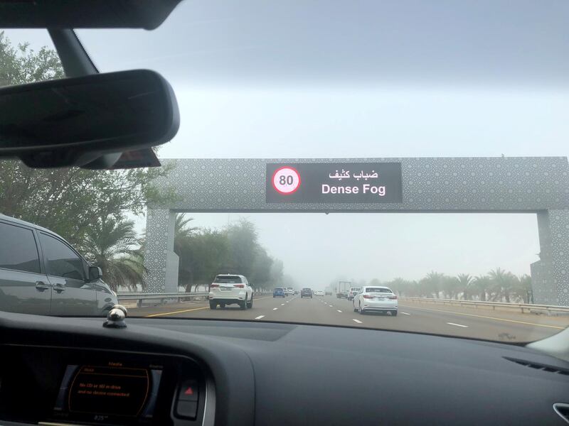 A fog warning sign on the Dubai-Abu Dhabi road. Rory Reynolds/ The National