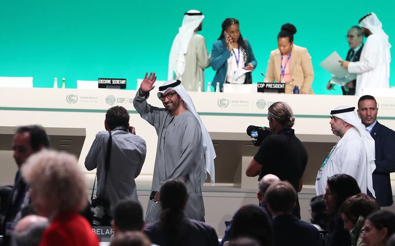 Dr Sultan Al Jaber, Cop28 President, arriving for the plenary session on day 14. Pawan Singh / The National