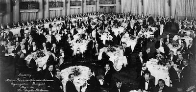The first organisational meeting of the Academy of Motion Picture Arts and Sciences in the Crystal Ballroom of the Los Angeles Biltmore Hotel
on May 11, 1927. Getty Images