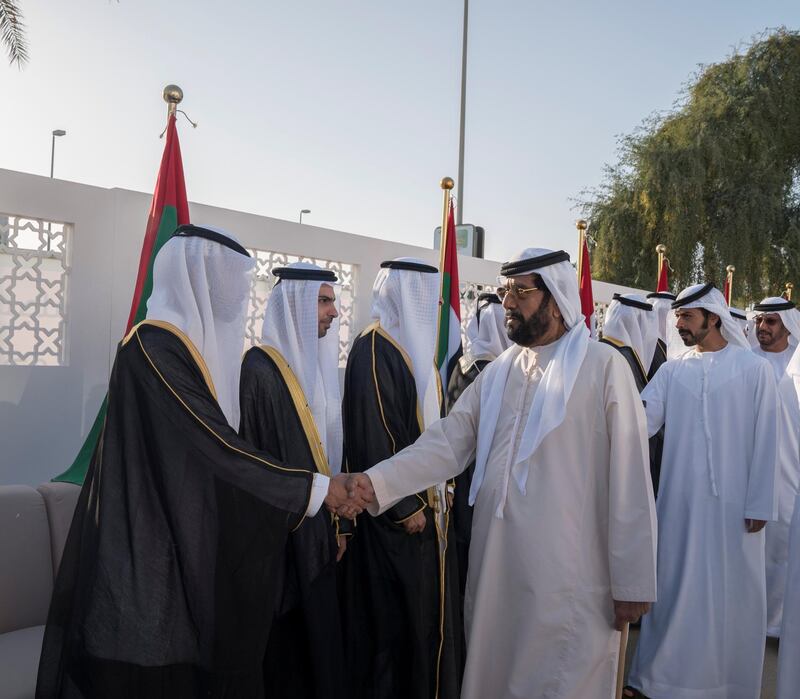 ABU DHABI, UNITED ARAB EMIRATES -November 23, 2017: HH Sheikh Khalifa bin Tahnoon bin Mohamed Al Nahyan, Director of the Martyrs' Families' Affairs Office of the Abu Dhabi Crown Prince Court (R) and HH Sheikh Tahnoon bin Mohamed Al Nahyan, Ruler's Representative in Al Ain Region (2nd R), attend a mass wedding held at Majlis Al Zaab.

( Mohamed Al Raeesi for Crown Prince Court - Abu Dhabi )

---