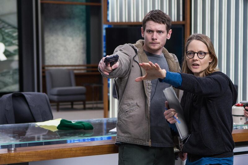 A handout photo of Jack O'Connell and director Jodie Foster on the set of TriStar Pictures' Money Monster (Atsushi Nishijima / CTMG) *** Local Caption ***  al25ma-movies-oconnell01.jpg