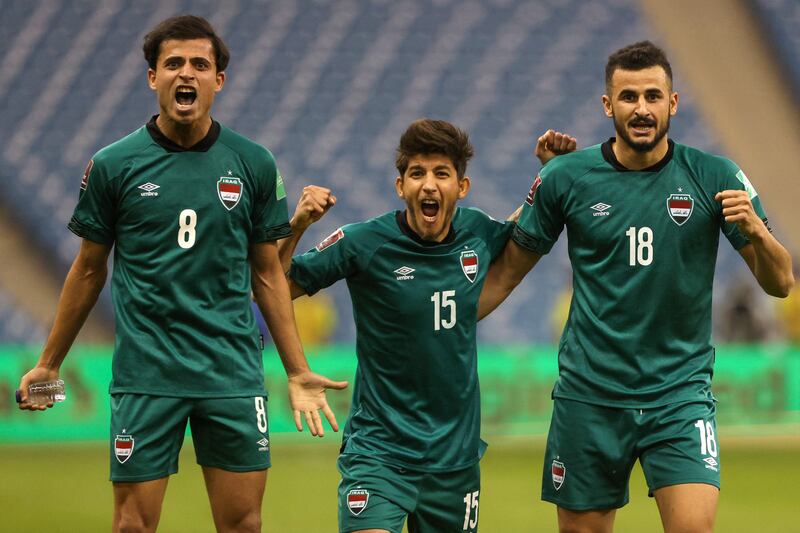 Iraqi players celebrate the winning goal against the UAE during the 2022 Qatar World Cup Group A qualifier at the King Fahd International stadium in Riyadh, on Thursday, March 24, 2022. AFP