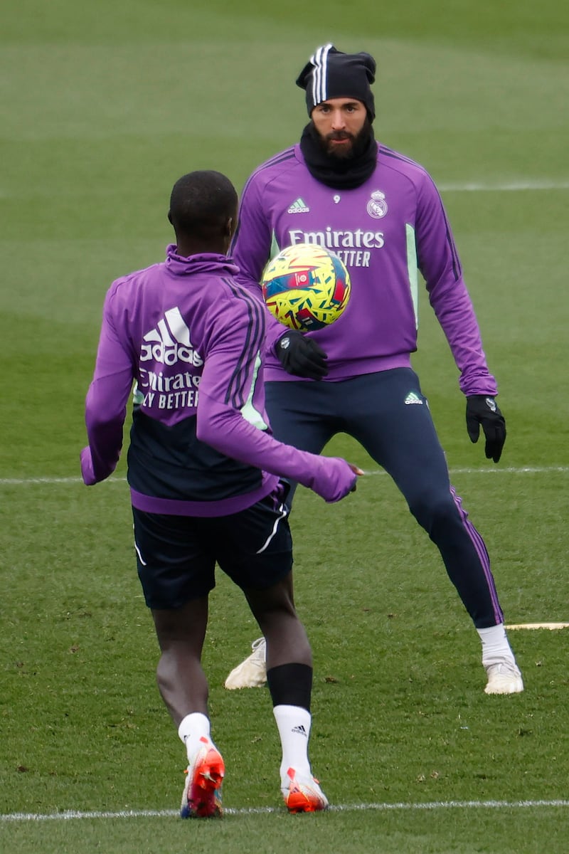 Karim Benzema and Ferland Mendy during training in Madrid. EPA