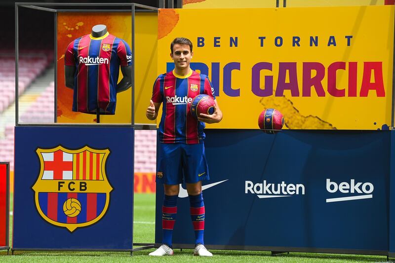 Eric Garcia during his unveiling as Barcelona player at Camp Nou on Tuesday, June 1, 2021. Getty