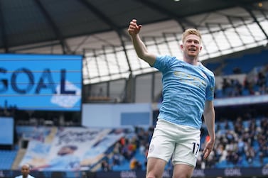 Soccer Football - Premier League - Manchester City v Everton - Etihad Stadium, Manchester, Britain - May 23, 2021 Manchester City's Kevin De Bruyne celebrates scoring their first goal Pool via REUTERS/Dave Thompson EDITORIAL USE ONLY. No use with unauthorized audio, video, data, fixture lists, club/league logos or 'live' services. Online in-match use limited to 75 images, no video emulation. No use in betting, games or single club /league/player publications. Please contact your account representative for further details.