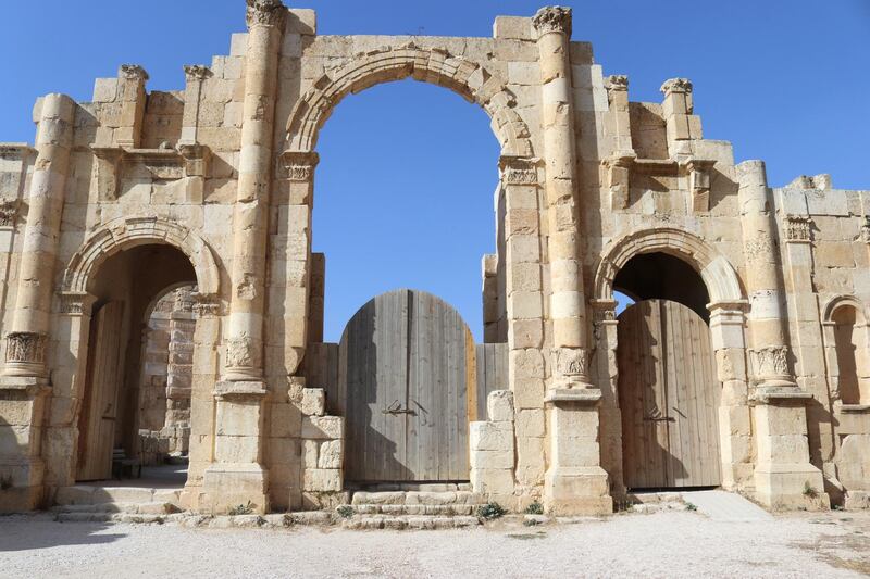 Hadrian’s Arch, an 11-meter-high gateway built to honor the visit of Emperor Hadrian to the Roman city of Jerash in 129 CE and in recent years the entry-way to one of Jordan’s most visited tourist sites,  stands empty on October 21, 2020