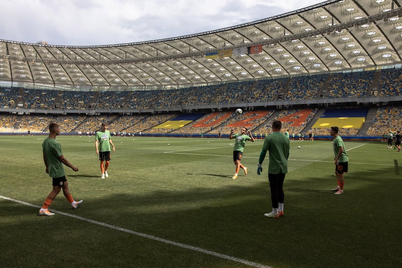 Players of Shakhtar Donetsk warm up before the opening match of the new season against Metalist 1925 Kharkiv. EPA