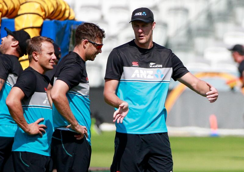 New Zealand bowler's Kyle Jamieson, right, Tim Southee and Neil Wagner, left, chat during a practice session at Lord's. AP