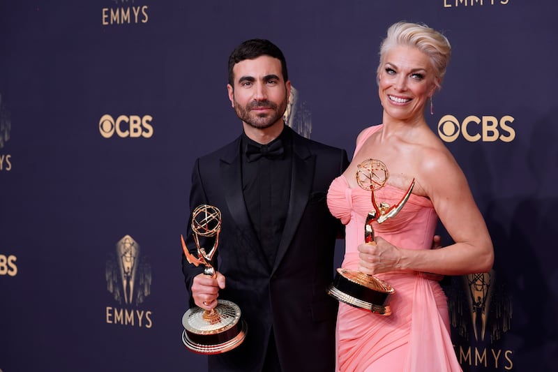 Brett Goldstein, left, and Hannah Waddingham, winners of the awards for Outstanding Supporting Actor and Actress in a Comedy Series for 'Ted Lasso'. AP