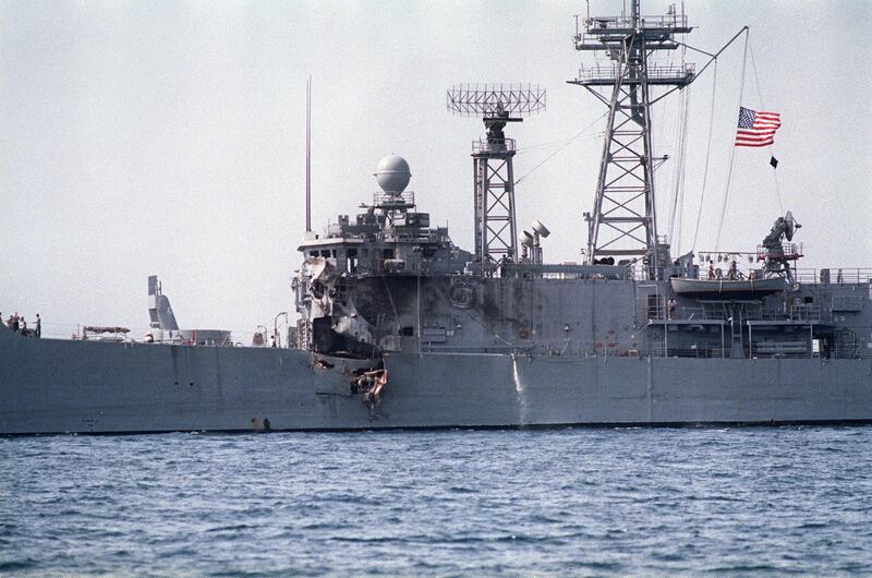 A picture taken 17 May 1987 of American navy frigate USS Stark which was hit by two Exocet missiles fired from an Iraqi Super-Etendard fighter during the Iran-Iraq war. (Photo by MIKE NELSON / AFP)