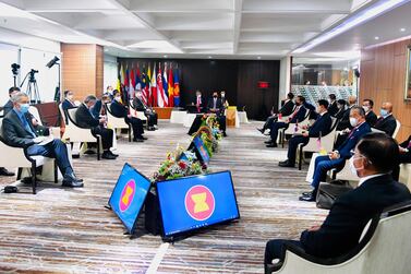 Myanmar's Commander-in-Chief, Senior General Min Aung Hlaing, bottom right, and Asean leaders convene during their meeting in Jakarta this week. AP Photo