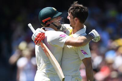 epa06421756 Australia's Mitchell Marsh (R) celebrates his century with his brother Shaun Marsh (L) on Day Four of the Fifth Test match between Australia and England at the Sydney Cricket Ground in Sydney, Australia, 07 January 2018.  EPA/DEAN LEWINS -- EDITORIAL USE ONLY, IMAGES TO BE USED FOR NEWS REPORTING PURPOSES ONLY, NO COMMERCIAL USE WHATSOEVER, NO USE IN BOOKS WITHOUT PRIOR WRITTEN CONSENT FROM AAP -- AUSTRALIA AND NEW ZEALAND OUT