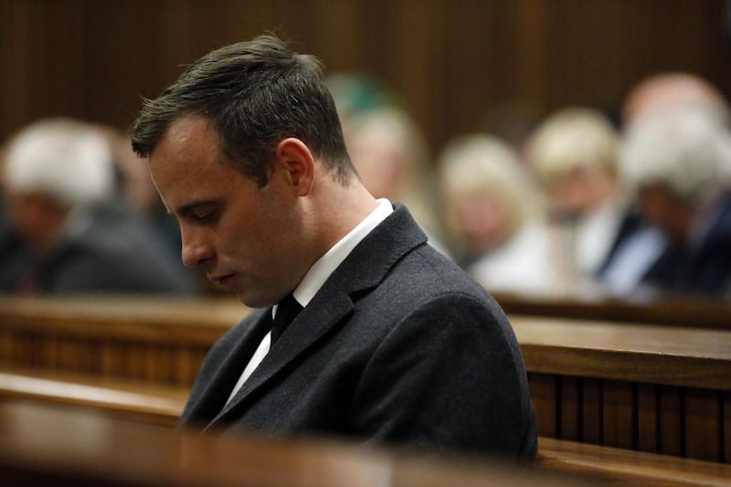 Paralympian athlete Oscar Pistorius at  the High Court in Pretoria, South Africa. He was sentenced to six years in prison for the murder of girlfriend Reeva Steenkamp in 2013. Marco Longari / Getty Images