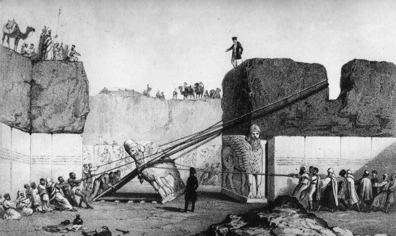 A colossal winged bull with the head of a deity is removed from the mound of Nineveh in Iraq during Austen Henry Layard's expedition of 1841-45. Getty Images