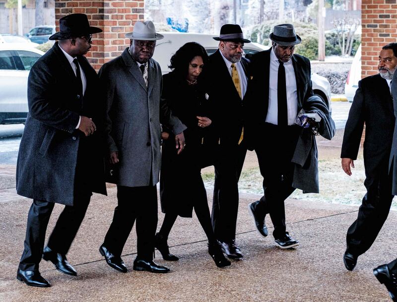 Lawyer Ben Crump and Mr Nichols's family arrive at Mississippi Boulevard Christian Church. AFP