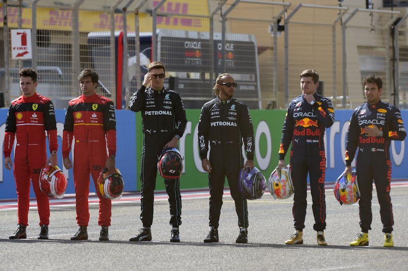 Left to right: Charles Leclerc, Carlos Sainz Jr, George Russell, Lewis Hamilton, Max Verstappen and Sergio Perez. AFP