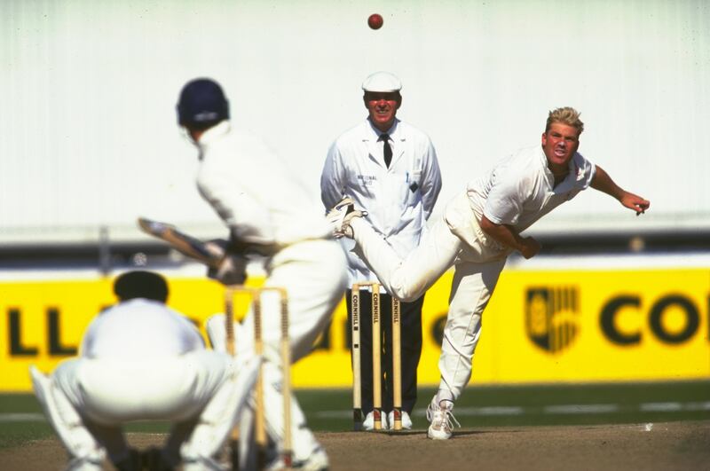 Shane Warne bowls to Graham Thorpe of England during the third test at Old Trafford in Manchester in 1997. Getty Images