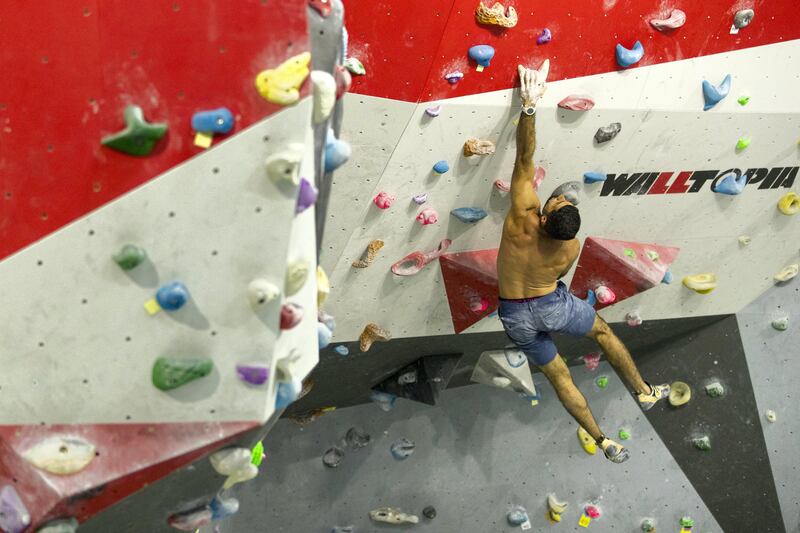 Dubai, United Arab Emirates, August 26, 2017:  Hamad Sajwani of UAE competes during the finals of the  Boulder Bash climbing competition at Rock Republic climbing gym in the Dubai Investment Park area of Dubai on August 26, 2017. Sajwani went on to win first place. Bouldering is a form of climbing, that has no ropes, but focuses on very physical and technical problems closer to the ground and is one of the three disciplines that will be included in the 2020 Olympics. Christopher Pike / The National

Reporter: Roberta Pennington
Section: News