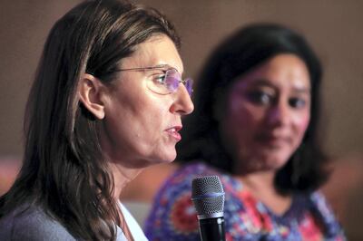 Dubai, United Arab Emirates - October 26th, 2017: Ida Beerhalter (L) (Co head IOME private investment office) and Dimple Sahni (senior director impact investing at Anthos fund and asset management) talk about Financial literacy at the 19TH Global WIL Economic Forum. Thursday, October 26th, 2017 at The Ritz-Carlton, Dubai International Financial Centre, Dubai. Chris Whiteoak / The National