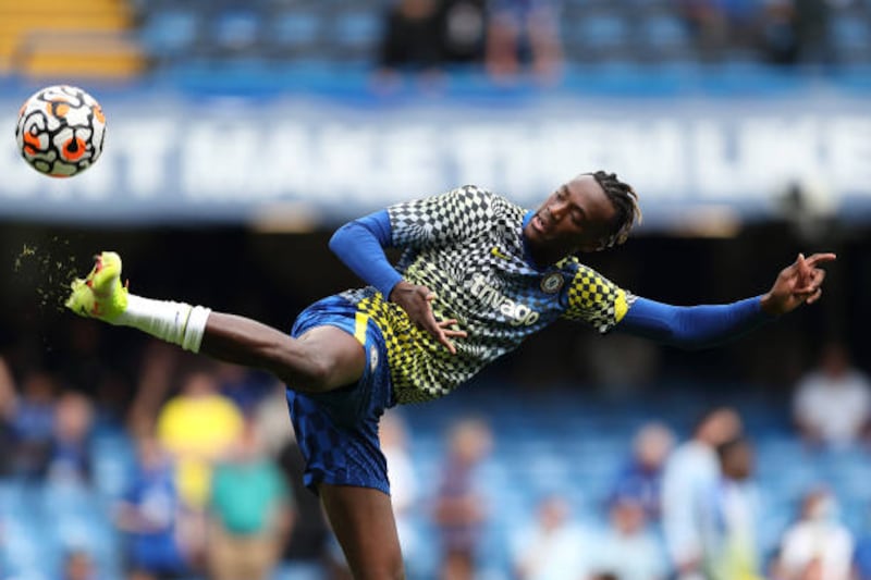 Tammy Abraham of Chelsea during the warm up before the Premier League match against Crystal Palace at Stamford Bridge on August 14.