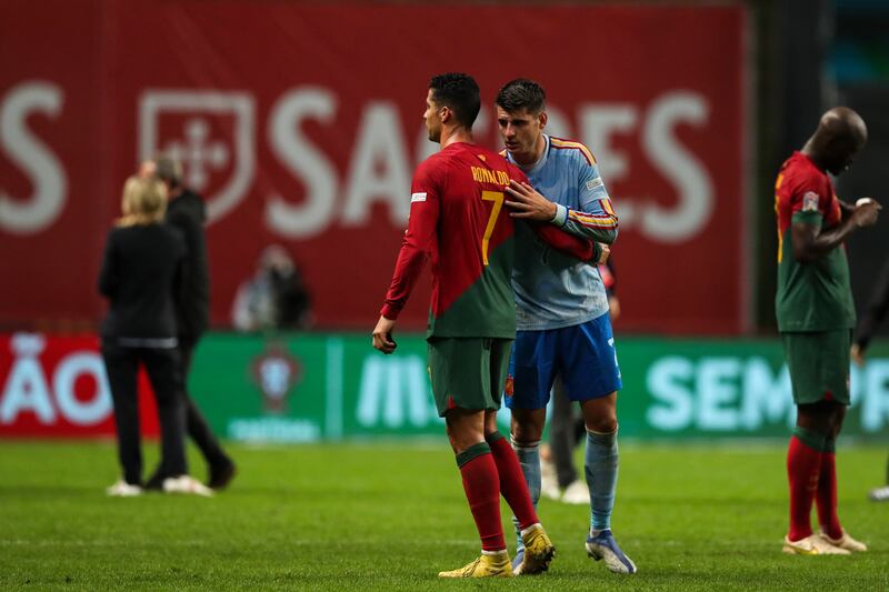 Alvaro Morata and Cristiano Ronaldo after the Nations League match between Portugal and Spain. EPA