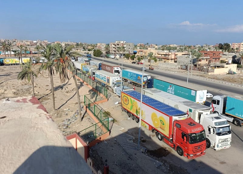 Lorries carrying humanitarian aid destined for Gaza wait for the reopening of the Rafah border, in the city of Egyptian city of Al Arish. Reuters