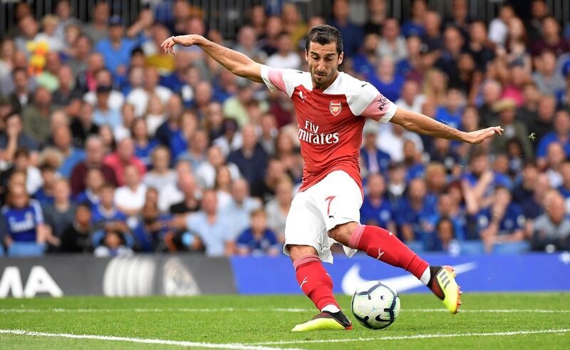 Soccer Football - Premier League - Chelsea v Arsenal - Stamford Bridge, London, Britain - August 18, 2018  Arsenal's Henrikh Mkhitaryan scores their first goal        REUTERS/Toby Melville  EDITORIAL USE ONLY. No use with unauthorized audio, video, data, fixture lists, club/league logos or "live" services. Online in-match use limited to 75 images, no video emulation. No use in betting, games or single club/league/player publications.  Please contact your account representative for further details.
