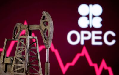 FILE PHOTO: A 3D printed oil pump jack is seen in front of displayed stock graph and Opec logo in this illustration picture, April 14, 2020. REUTERS/Dado Ruvic/Illustration/File Photo