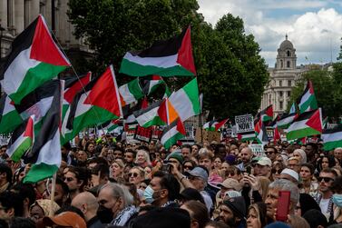 Protesters march in support of Palestinians during a demonstration in Westminster, central London. Reuters