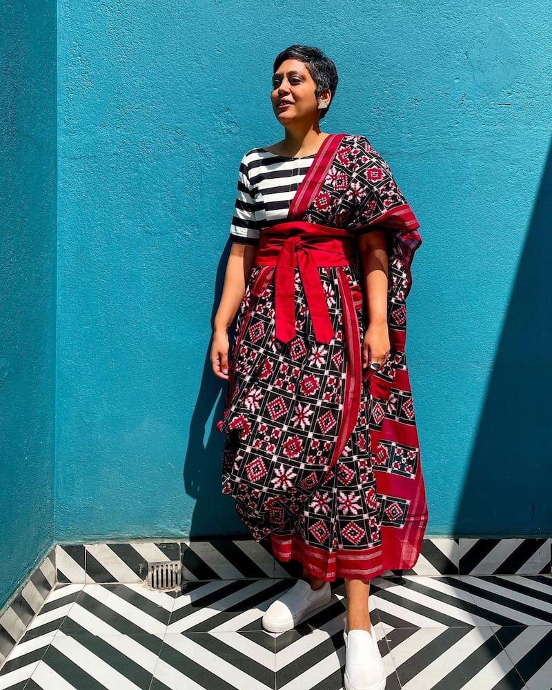 This image from The Sari Series project for 'Border&Fall' shows Pooja Jagadeesh wearing a casual T-shirt under her stylishly draped sari. Photo: Border&Fall