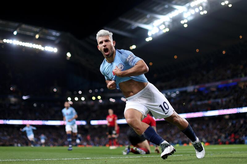 MANCHESTER, ENGLAND - NOVEMBER 11:  Sergio Aguero of Manchester City celebrates after scoring his team's second goal during the Premier League match between Manchester City and Manchester United at Etihad Stadium on November 11, 2018 in Manchester, United Kingdom.  (Photo by Tom Flathers/Manchester City FC via Getty Images)