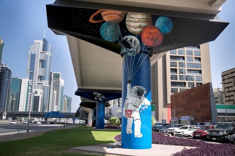 DUBAI, UNITED ARAB EMIRATES - NOVEMBER 12, 2018. 

The Dubai Metro Murals Project.

This initiative, run by Brand Dubai, will see some of the pillars that hold up the Dubai Metro painted by two international artists, Peruvian Daniel Cortez and Dominican-born, Miami-based Elio Mercado, known as Evoca1. These two artists will paint the pillars in between the DIFC and Emirates Towers stations.

(Photo by Reem Mohammed/The National)

Reporter: 
Section:  NA