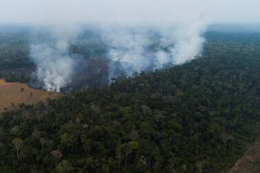 Aerial view of a fire in the Amazon of Rondonia, Brazil, August 24, 2019. Brazil began on August 24 to deploy 44 thousand soldiers it has in the vast Amazon region to fight forest fires. EPA/Joedson Alves