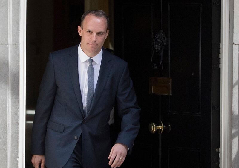 epa06874863 Dominic Raab leaves the British Prime Mionister's London residence, 10 Downing Street, Central London, 09 July 2018. Housing minister Dominic Raab has been appointed Brexit Secretary by Theresa May replacing David Davis who resigned the post on 08 July 2018.  EPA/RICK FINDLER