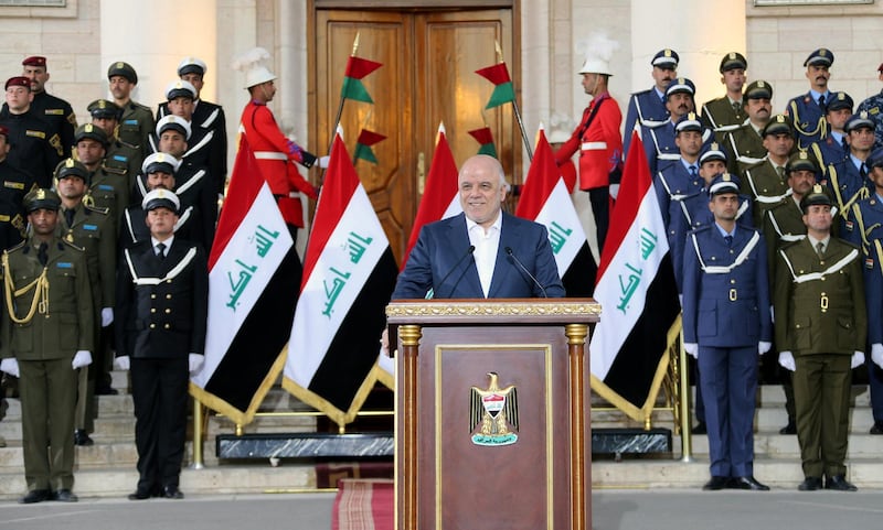 Iraqi Prime Minister Haider al-Abadi delivers a speech in Baghdad, Iraq, December 9, 2017. Iraqi Prime Minister Media Office/Handout via REUTERS THIS IMAGE WAS PROVIDED BY A THIRD PARTY. NO RESALES. NO ARCHIVES.
