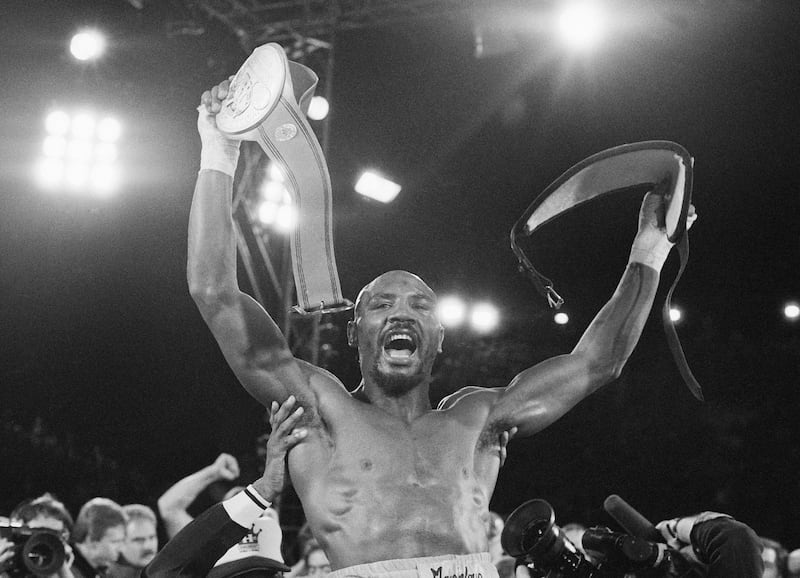 Marvin Hagler celebrates his unanimous-decision victory over Roberto Duran  in a boxing bout in Las Vegas. Hagler, the middleweight boxing great whose title reign and career ended with a split-decision loss to “Sugar” Ray Leonard in 1987, died Saturday, March 13, 2021. He was 66. AP