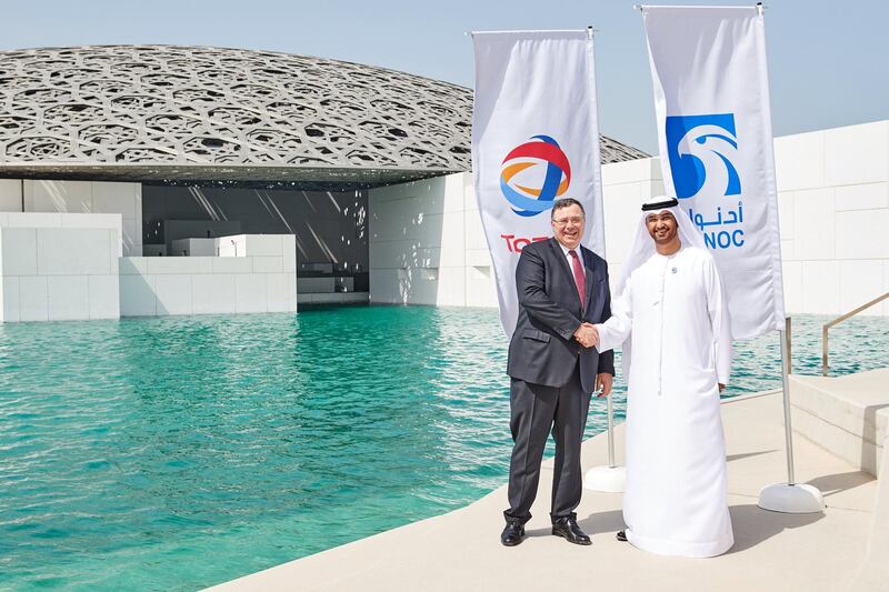 Patrick Jean Pouyanné, chairman and CEO of Total shake hands with Dr. Sultan Ahmed Al Jaber, Minister of State and Director-General and CEO of the Abu Dhabi National Oil Company, after signing a Major Offshore Concession Agreements with Total as it Embarks on Giant Gas Cap Development in Abu Dhabi. Courtesy: ADNOC