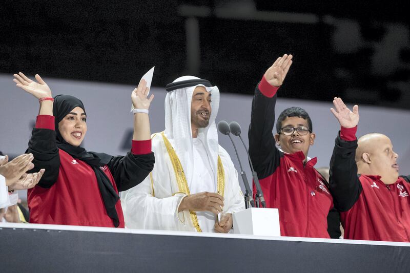 ABU DHABI, UNITED ARAB EMIRATES - March 14, 2019: HH Sheikh Mohamed bin Zayed Al Nahyan, Crown Prince of Abu Dhabi and Deputy Supreme Commander of the UAE Armed Forces (3rd L), delivers a speech during the opening ceremony of the Special Olympics World Games Abu Dhabi 2019, at Zayed Sports City. Seen with HE Mohamed Al Junaibi, Director of the President's Protocol Office at the UAE Ministry of Presidential Affairs and Chairman of the Special olympics Higher Committee (L).



( Ryan Carter / Ministry of Presidential Affairs )
---