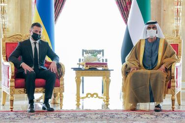 Ukrainian President Volodymyr Zelensky meets Sheikh Mohammed bin Rashid, Vice President and Ruler of Dubai, during his first official visit to the UAE. Courtesy: Sheikh Mohammed bin Rashid Twitter