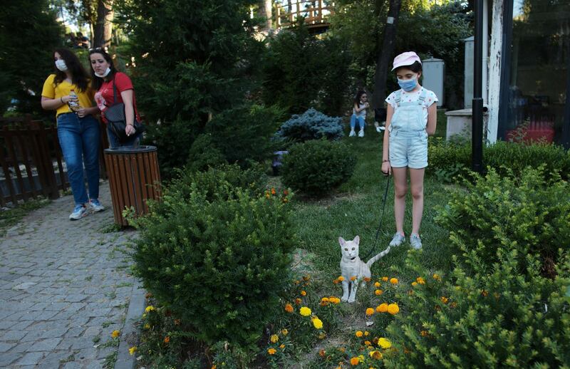 A young girl wearing a face mask to protect against the spread of coronavirus, walks her cat in a public garden, in Ankara, Turkey. AP Photo