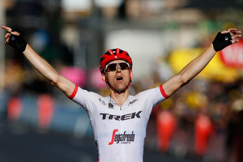 Netherlands' Bauke Mollema celebrates as he crosses the finish line to win the fifteenth stage of the Tour de France cycling race over 189.5 kilometers (117.8 miles) with start in Laissac-Severac l'Eglise and finish in Le Puy-en-Velay, France, Sunday, July 16, 2017. (AP Photo/Peter Dejong)