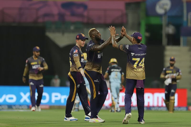 Andre Russell of Kolkata Knight Riders celebrates the wicket of Mohammed Siraj. Sportzpics for IPL