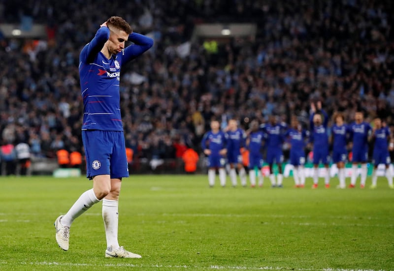 Chelsea's Jorginho reacts after missing a penalty during the shootout. Reuters